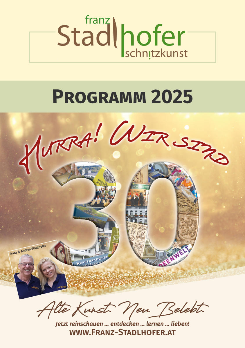 Deckblatt des Kursprogramms 2025 der Schnitzstube Stadlhofer